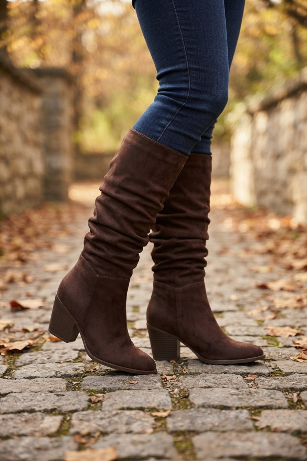 Dark Brown Suede Slouch Knee High Wide Calf Cowboy Boots