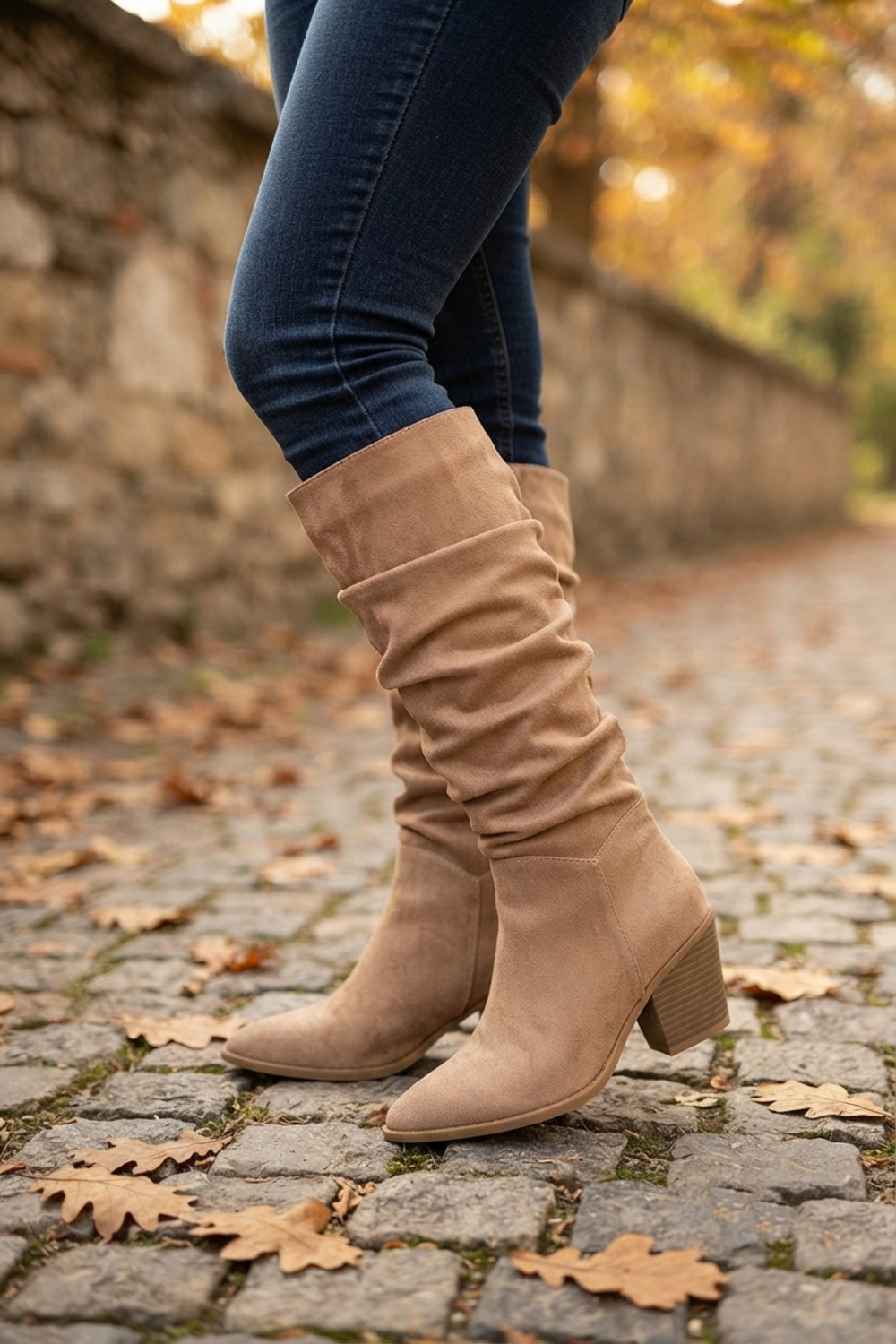 Camel Suede Slouch Knee High Wide Calf Cowboy Boots