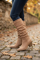 Camel Suede Slouch Knee High Wide Calf Cowboy Boots