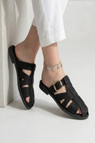 Black Strappy Cage Slider Sandals with Gold Buckle