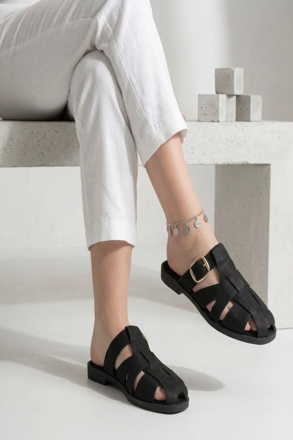 Black Strappy Cage Slider Sandals with Gold Buckle