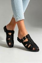 Black Strappy Cage Slider Sandals with Gold Buckle