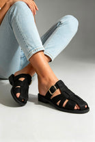 Black Strappy Cage Slider Sandals with Gold Buckle
