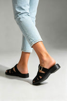 Black Strappy Cage Slider Sandals with Gold Buckle