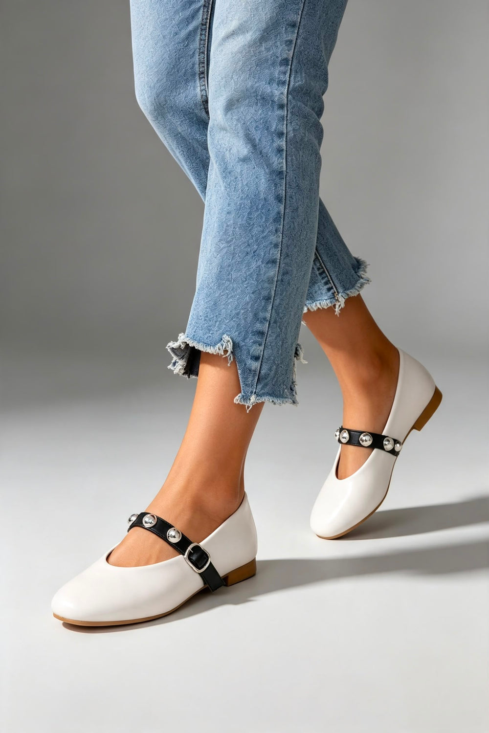 BEIGE CROSS STRAP SILVER STUD DETAIL MARY JANE FLAT PUMPS