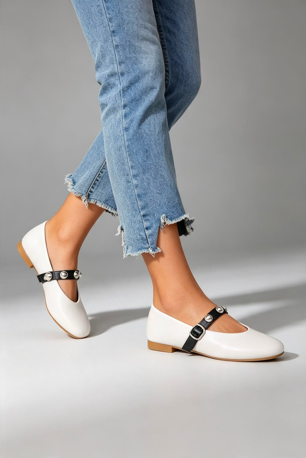 BEIGE CROSS STRAP SILVER STUD DETAIL MARY JANE FLAT PUMPS