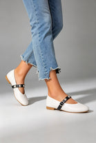 BEIGE CROSS STRAP SILVER STUD DETAIL MARY JANE FLAT PUMPS
