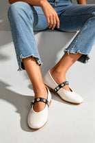 BEIGE CROSS STRAP SILVER STUD DETAIL MARY JANE FLAT PUMPS