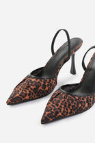 LEOPARD SATIN POINTED TOE PARTY HEEL SANDALS