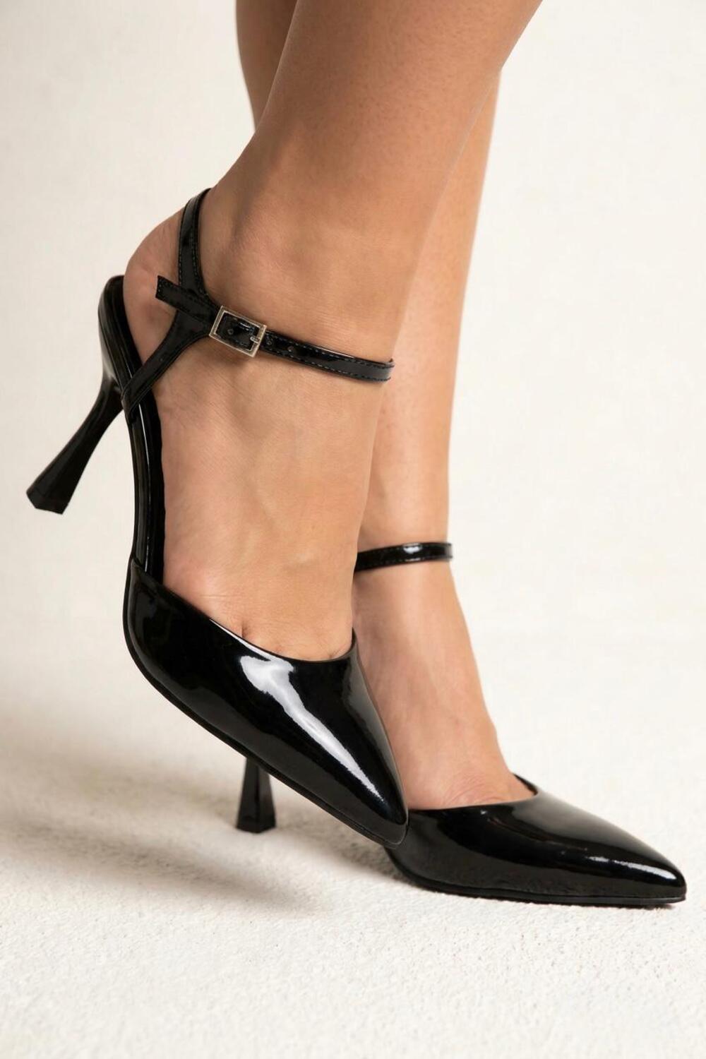 Black Pointed-Toe Ankle Strap Stiletto Heels