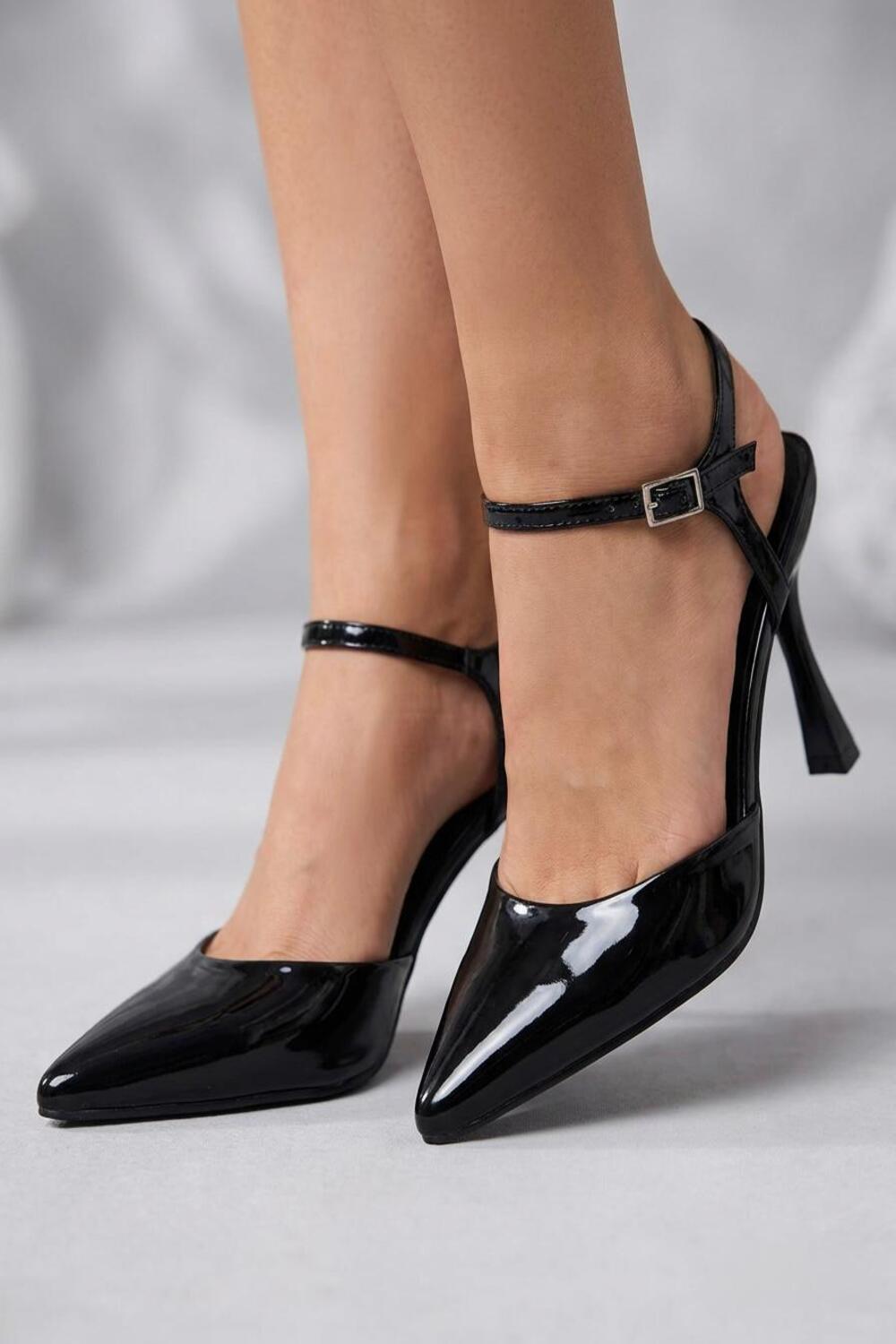 Black Pointed-Toe Ankle Strap Stiletto Heels