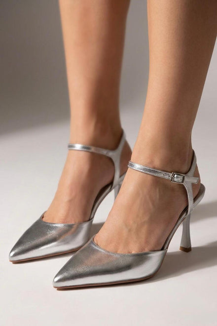 Silver Metallic Pointed-Toe Ankle Strap Stiletto Heels