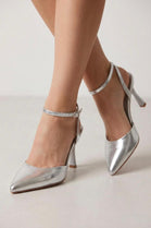 Silver Metallic Pointed-Toe Ankle Strap Stiletto Heels