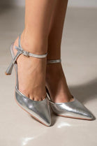 Silver Metallic Pointed-Toe Ankle Strap Stiletto Heels