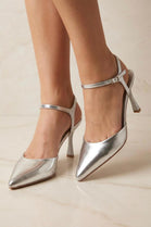 Silver Metallic Pointed-Toe Ankle Strap Stiletto Heels