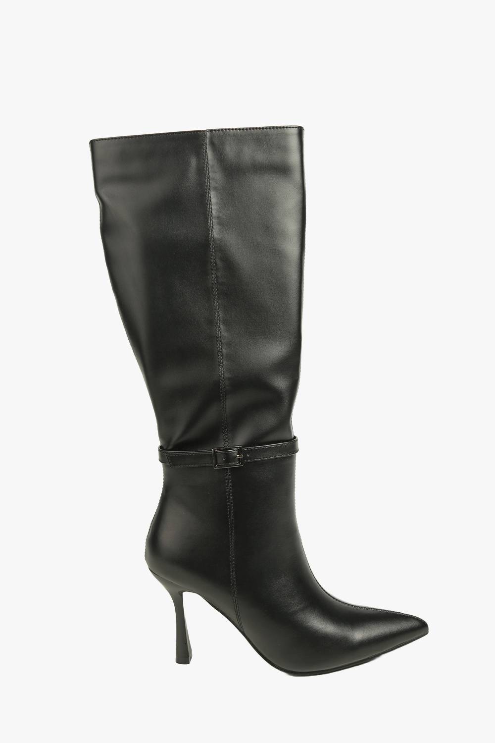 Buckle Detail Stiletto Heel Pointed Toe Knee High Boots In Black