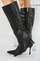 Buckle Detail Stiletto Heel Pointed Toe Knee High Boots In Black