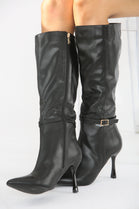 Buckle Detail Stiletto Heel Pointed Toe Knee High Boots In Black