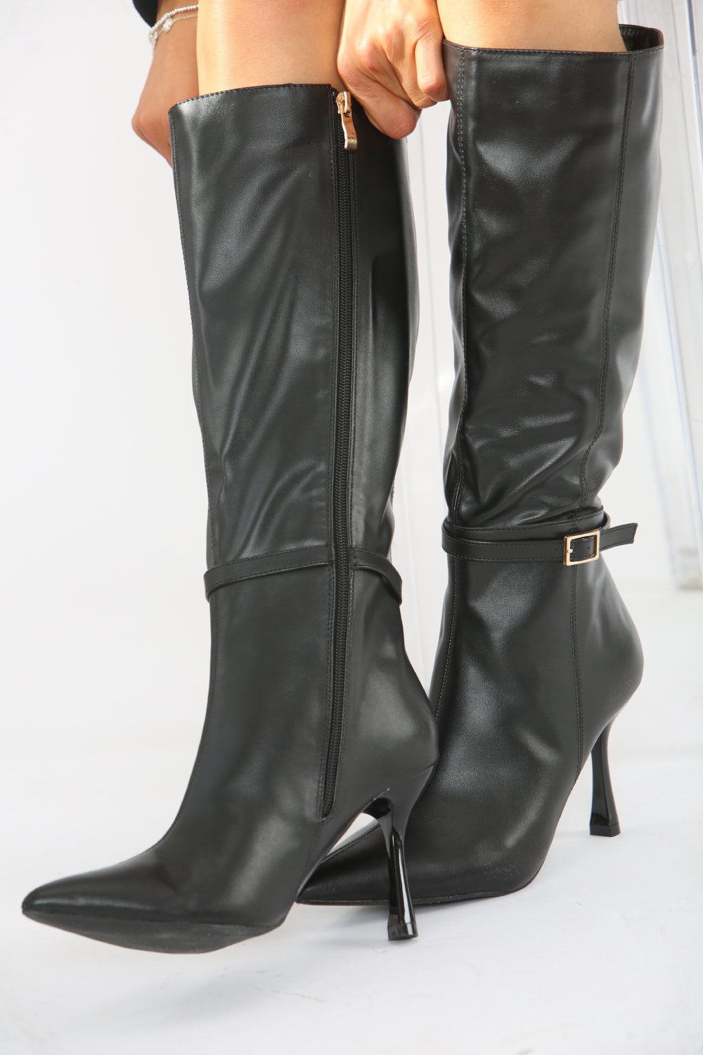 Buckle Detail Stiletto Heel Pointed Toe Knee High Boots In Black