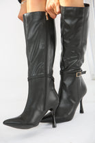 Buckle Detail Stiletto Heel Pointed Toe Knee High Boots In Black