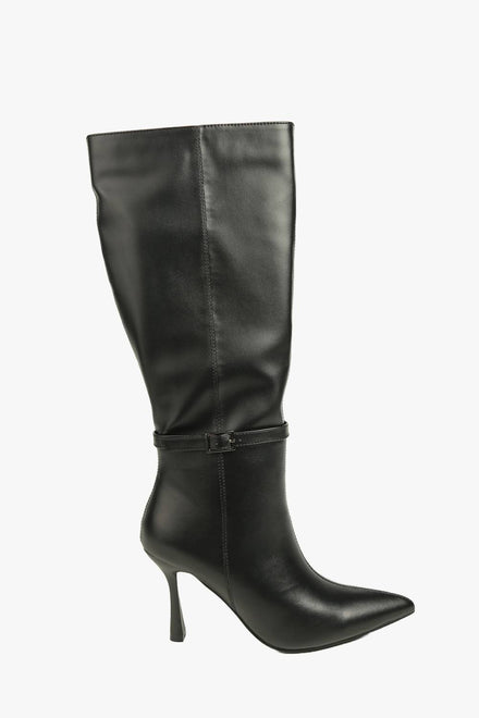 Buckle Detail Stiletto Heel Pointed Toe Knee High Boots In Black