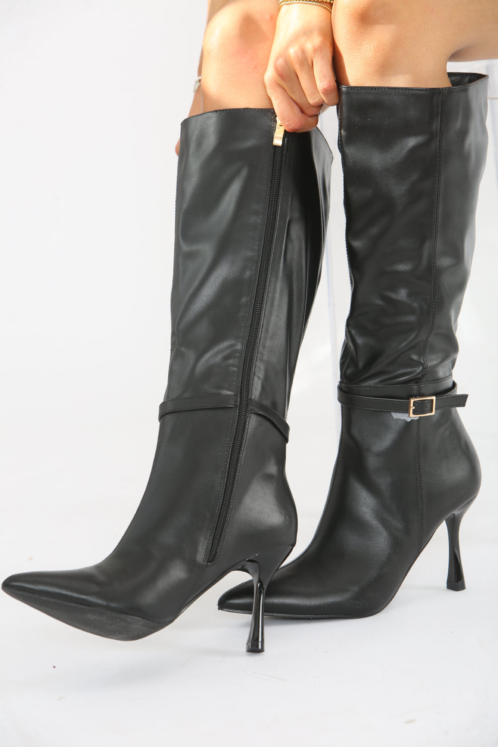 Buckle Detail Stiletto Heel Pointed Toe Knee High Boots In Black