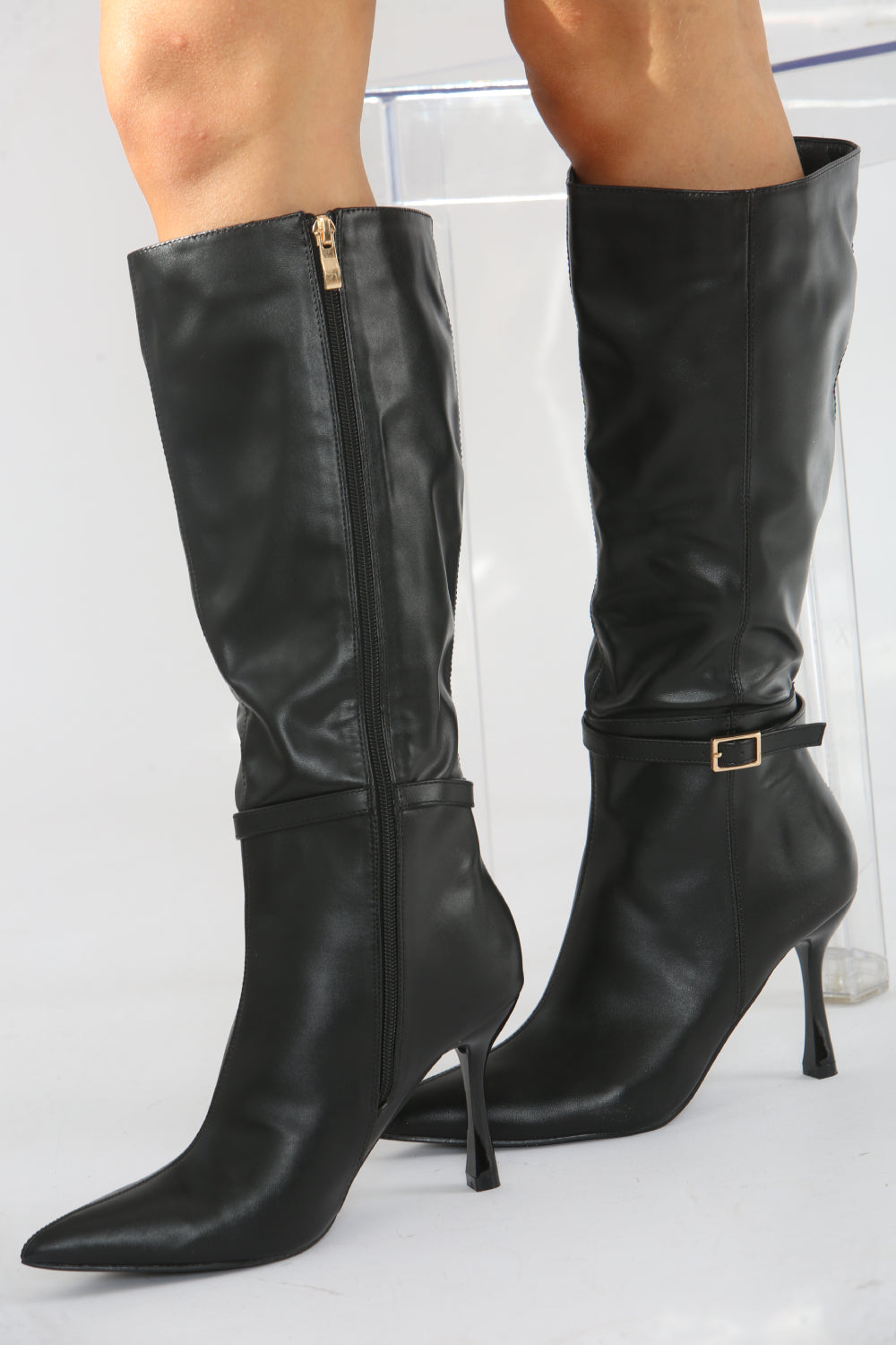 Buckle Detail Stiletto Heel Pointed Toe Knee High Boots In Black