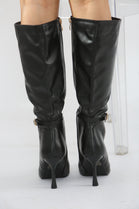Buckle Detail Stiletto Heel Pointed Toe Knee High Boots In Black