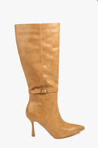 Buckle Detail Stiletto Heel Pointed Toe Knee High Boots In Camel