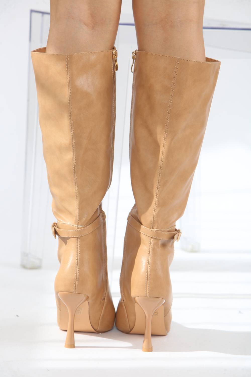 Buckle Detail Stiletto Heel Pointed Toe Knee High Boots In Camel