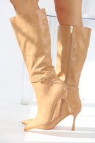 Buckle Detail Stiletto Heel Pointed Toe Knee High Boots In Camel
