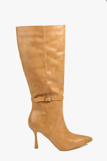 Buckle Detail Stiletto Heel Pointed Toe Knee High Boots In Camel