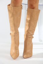 Buckle Detail Stiletto Heel Pointed Toe Knee High Boots In Camel