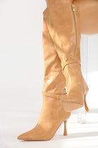 Buckle Detail Stiletto Heel Pointed Toe Knee High Boots In Camel