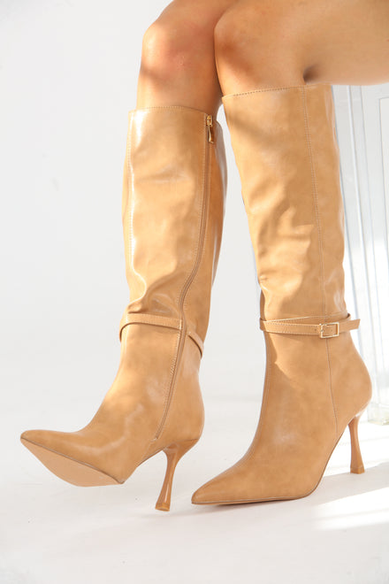 Camel Pu Knee High Stiletto Heel Pointed Toe Winter Boots - Pack A
