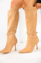Buckle Detail Stiletto Heel Pointed Toe Knee High Boots In Camel