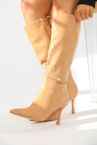Buckle Detail Stiletto Heel Pointed Toe Knee High Boots In Camel