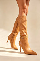 Camel Pu Knee High Stiletto Heel Pointed Toe Winter Boots