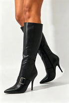 Black Pu Buckle Detail Stiletto Heel Pointed Toe Knee High Boots