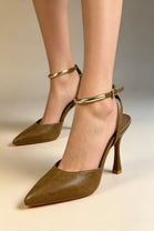Tan Pointed Toe High Heel Pumps With Gold Ankle Strap