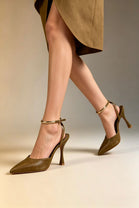Tan Pointed Toe High Heel Pumps With Gold Ankle Strap