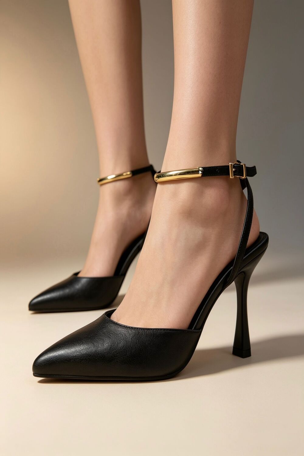 Black Pointed Toe High Heel Pumps With Gold Ankle Strap
