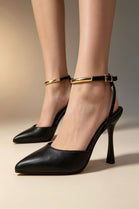 Black Pointed Toe High Heel Pumps With Gold Ankle Strap
