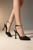 Black Pointed Toe High Heel Pumps With Gold Ankle Strap