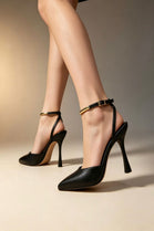Black Pointed Toe High Heel Pumps With Gold Ankle Strap