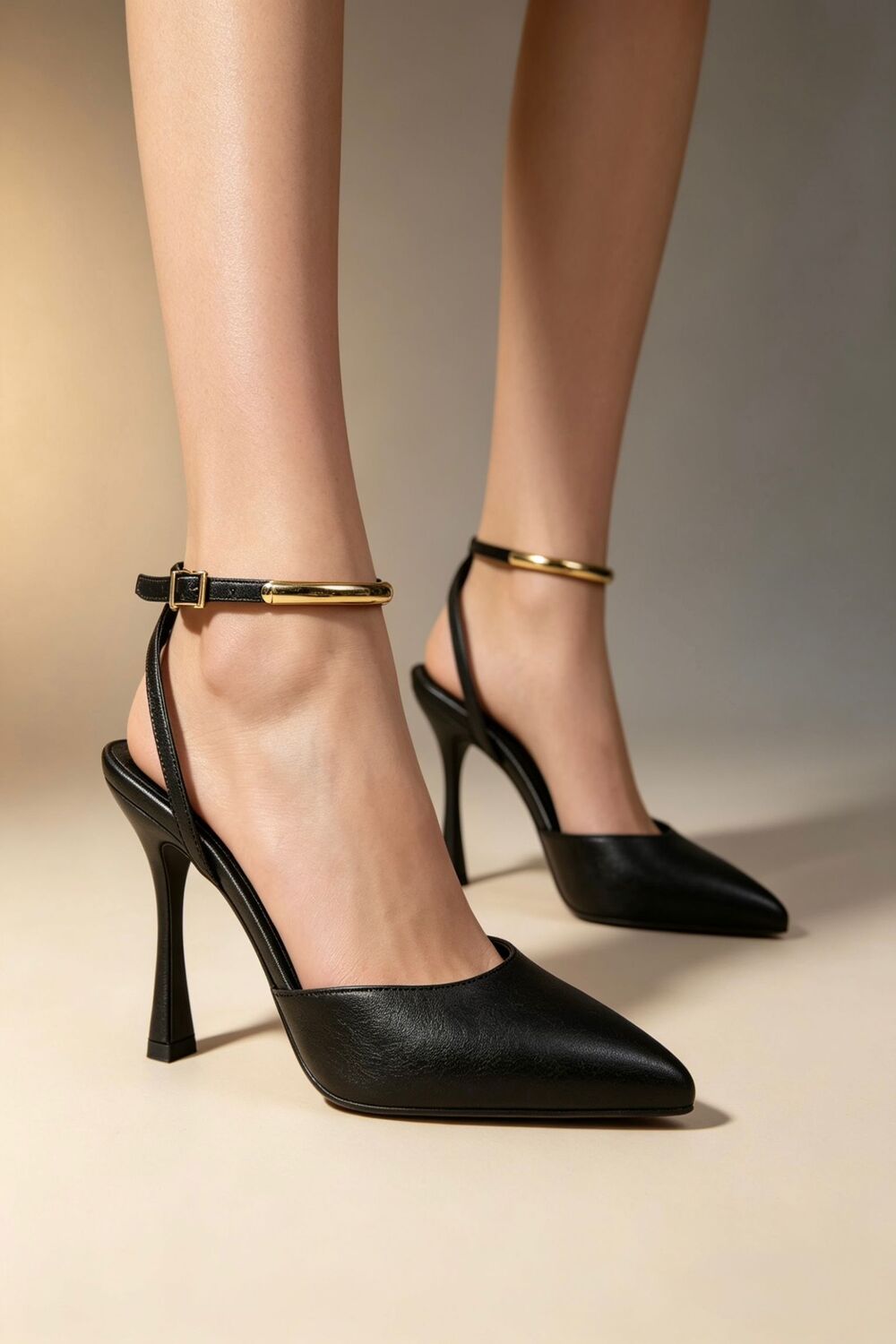 Black Pointed Toe High Heel Pumps With Gold Ankle Strap