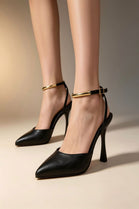 Black Pointed Toe High Heel Pumps With Gold Ankle Strap