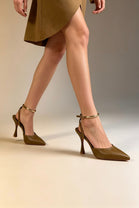 Tan Pointed Toe High Heel Pumps With Gold Ankle Strap