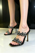 Black Crystal Floral Double Strap Stiletto Mule Sandals