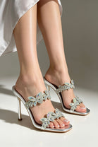 Silver Crystal Floral Double Strap Stiletto Mule Sandals